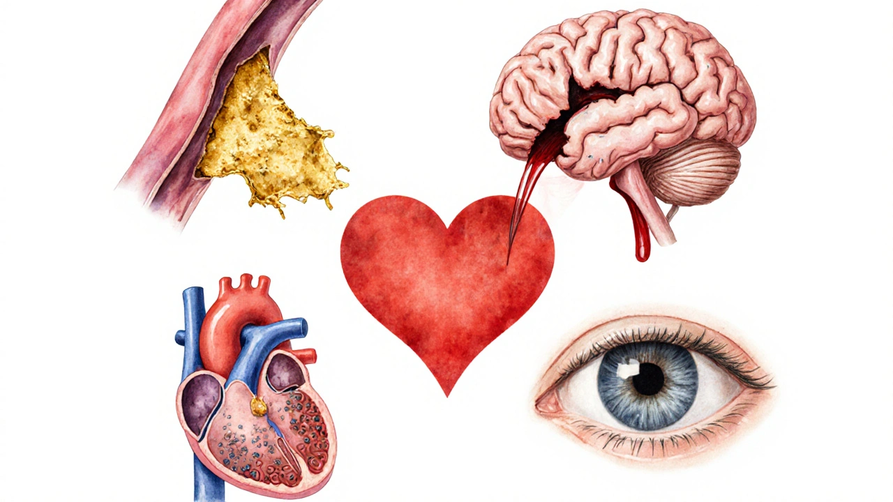 Watercolor collage of heart, brain, kidney, and eye showing hypertension‑related damage.