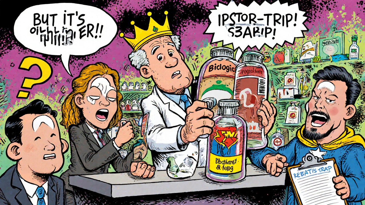 A chaotic pharmacy scene with two vials, a lawyer, and confused patients arguing over rebates.