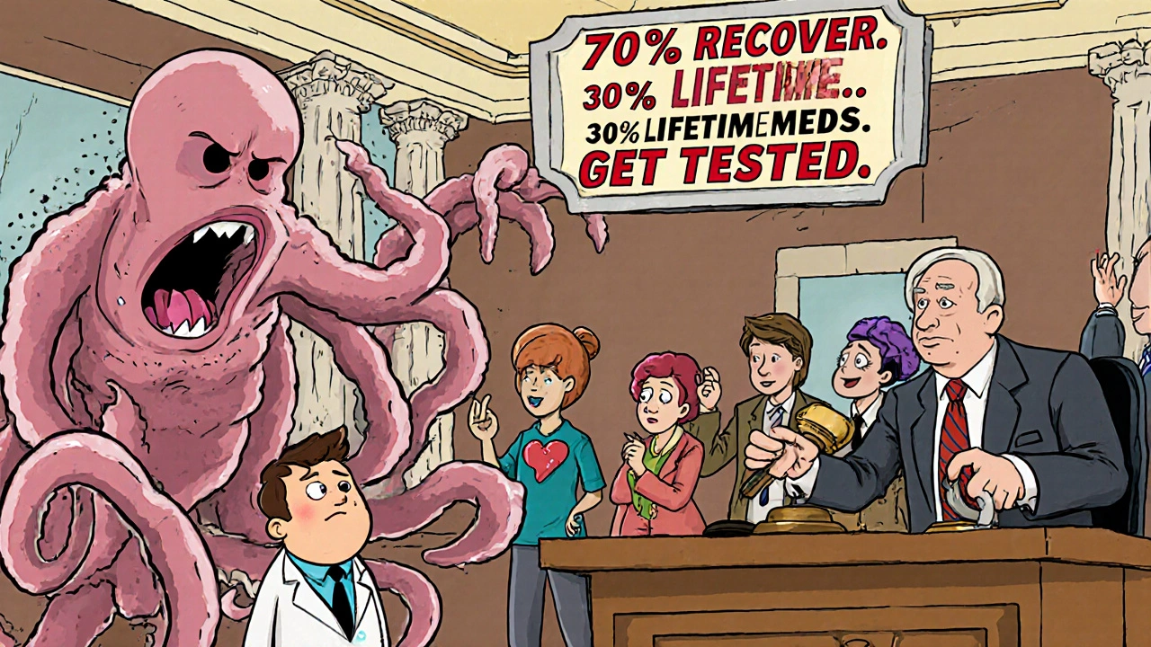 A courtroom inside a human body where a thyroid gland is defended against a giant antibody monster, with medical signs overhead.