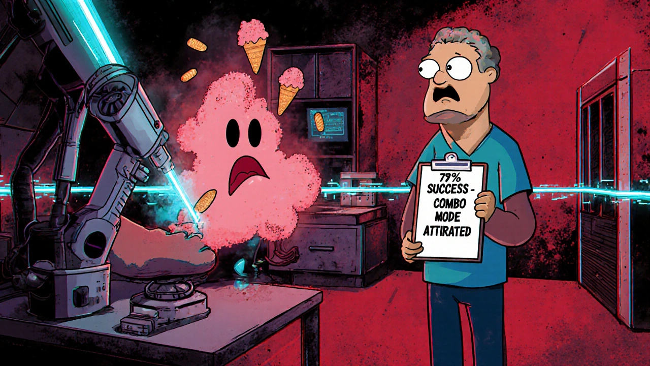 A dermatologist using a laser on a wart that turns into a screaming face in a sci-fi clinic.