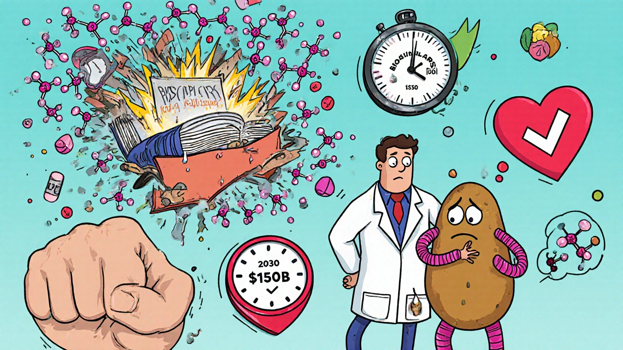 A doctor explains biosimilars to a potato-shaped patient amid floating savings icons and patent battles.