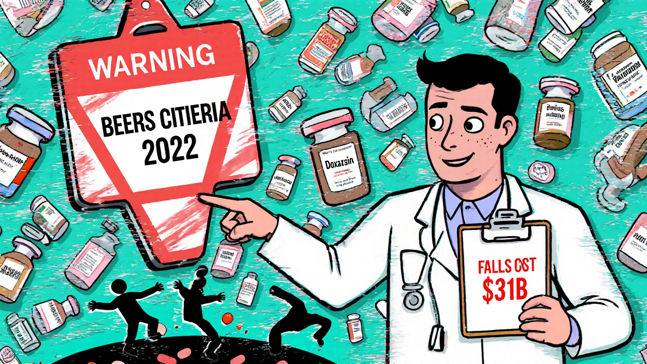 A doctor points at floating drug bottles while falling patients disappear into a cost-labeled pit.