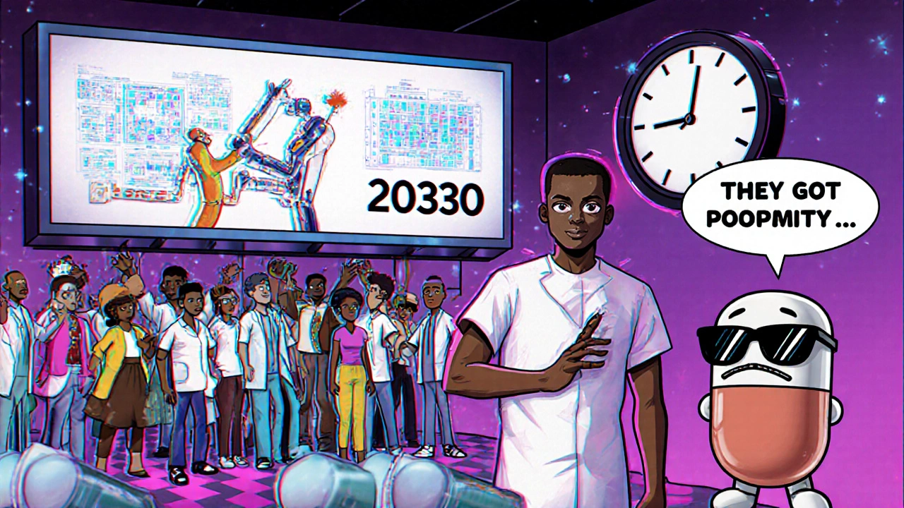 A futuristic African clinic administers long-acting HIV injections, with scientists celebrating drug production growth.