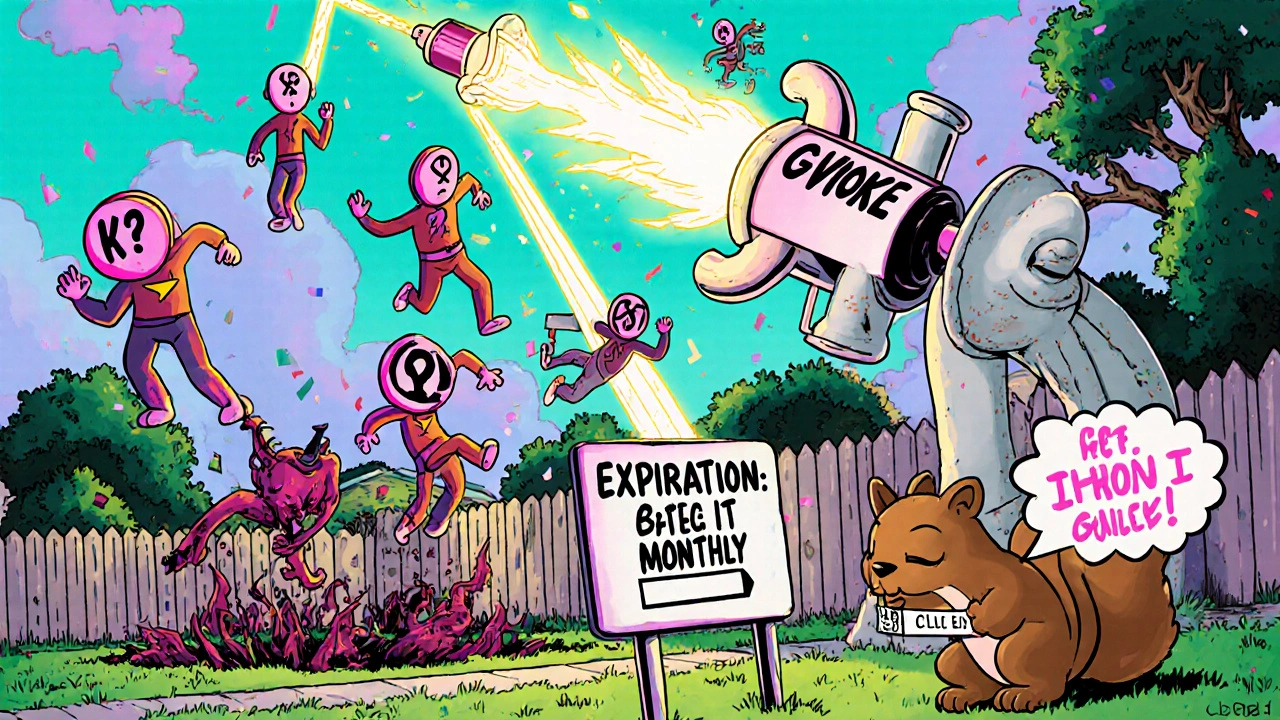 A giant glucagon syringe rescuing people from sugar and keto dangers, with an expiration date sign and a confused squirrel holding a test strip.