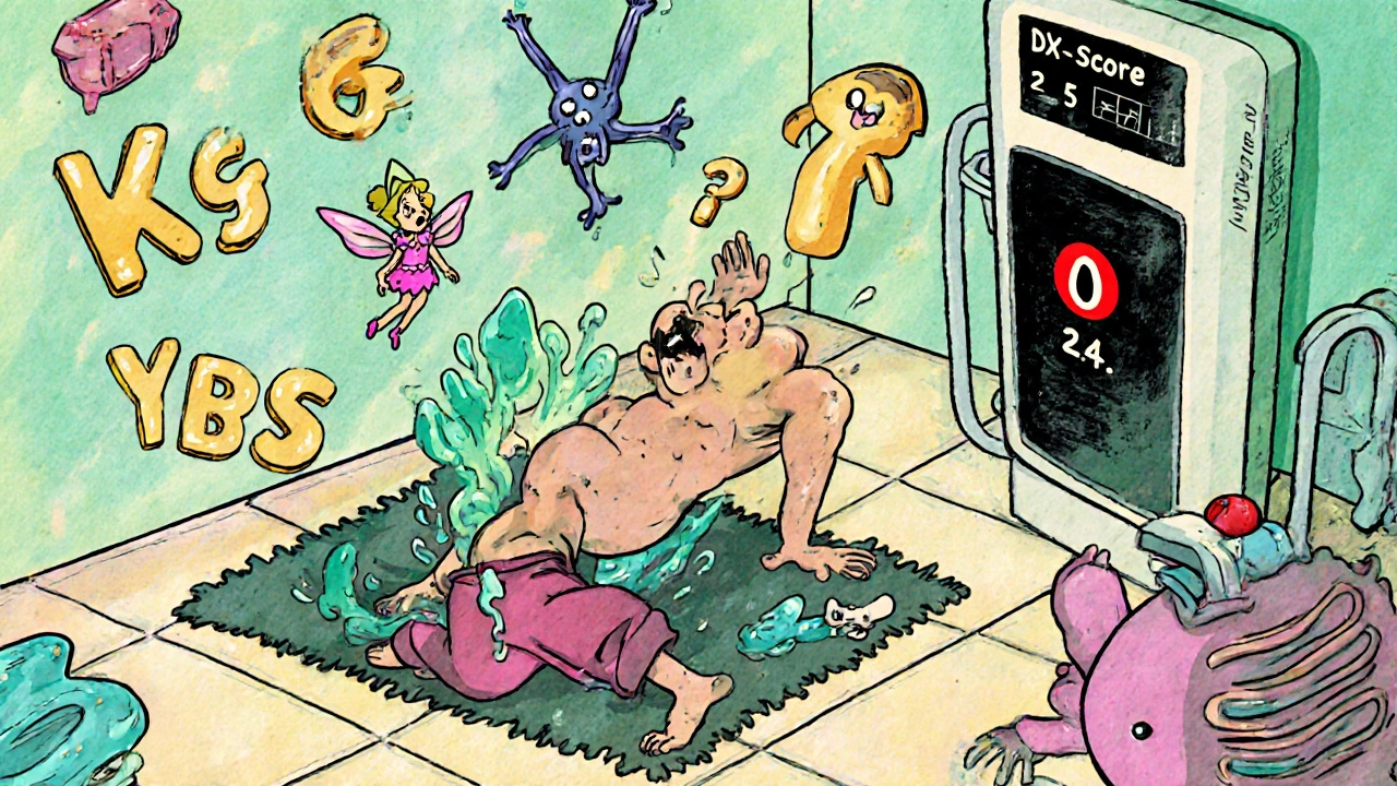 A man slips on a rug while his weight and bones vanish, with cartoonish bone and hormone monsters.