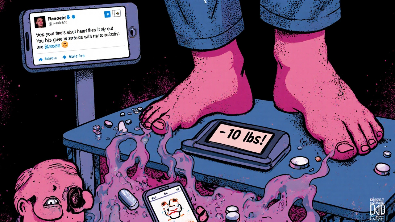 A man weighing himself after gaining 10 pounds from NSAIDs, pills everywhere.