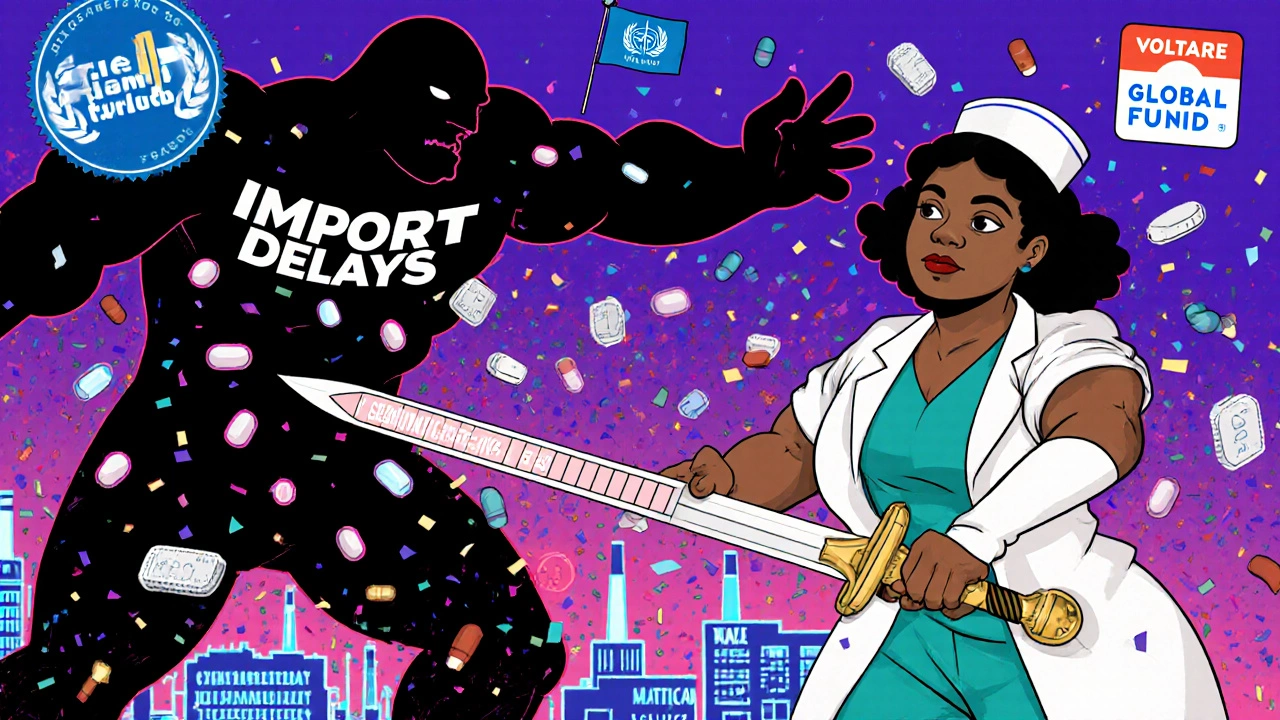 A nurse defeats &#039;Import Delays&#039; with a diagnostic test strip, as African factories glow in neon light.