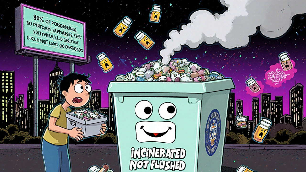 A parent drops expired meds into a sentient DEA bin that smirks and exhales smoke saying &#039;INCINERATED, NOT FLUSHED&#039;.