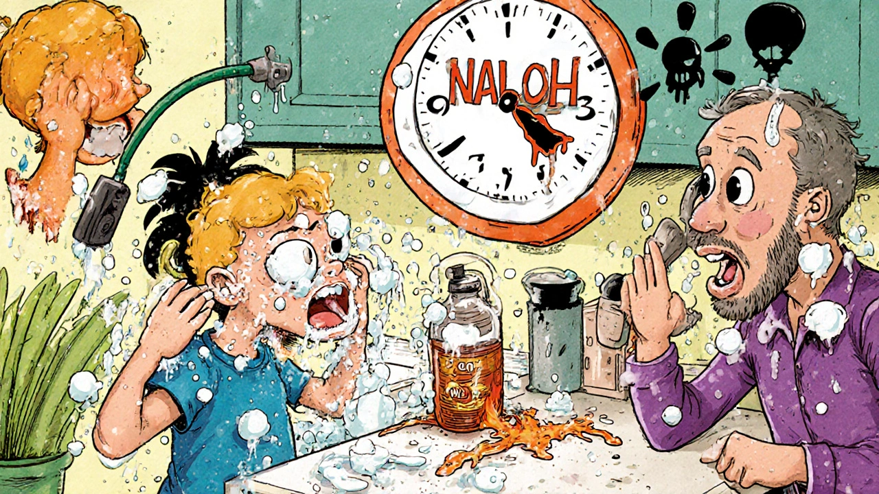 A parent using a garden hose to flush a child&#039;s eye while holding eyelids open in a chaotic home scene.