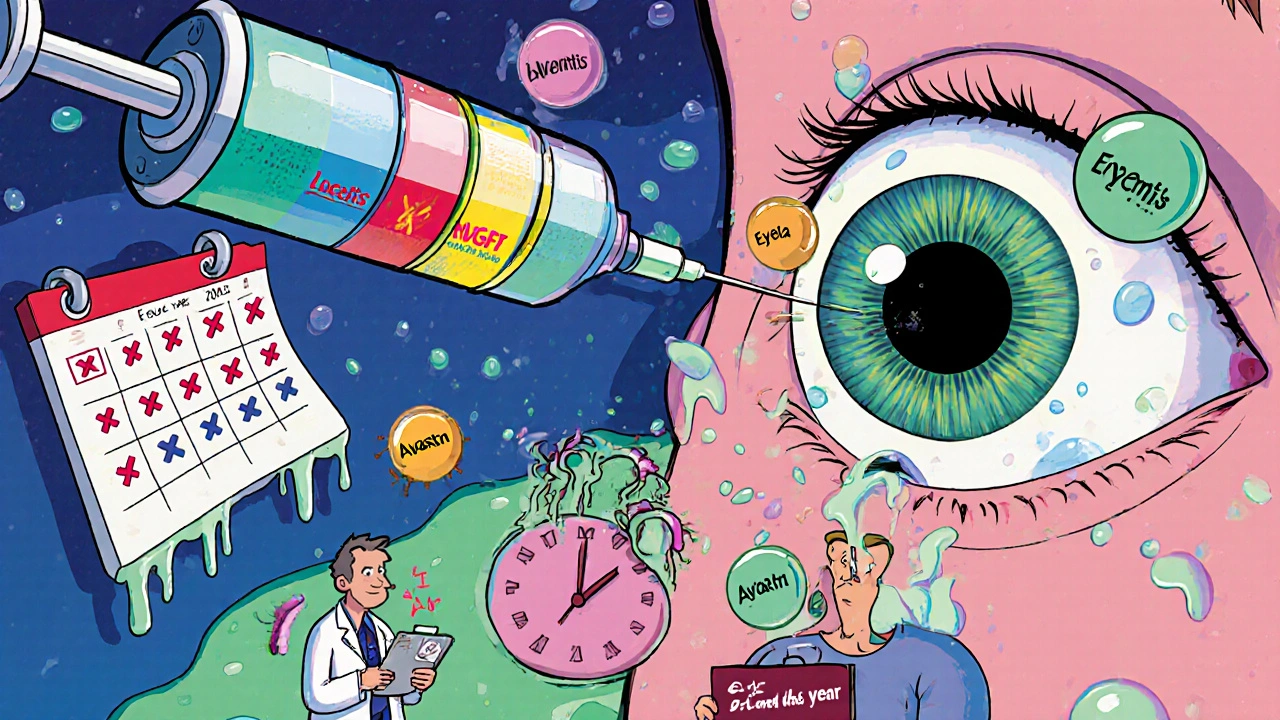 A patient being injected by a giant syringe while anti-VEGF drugs float around like jellyfish.