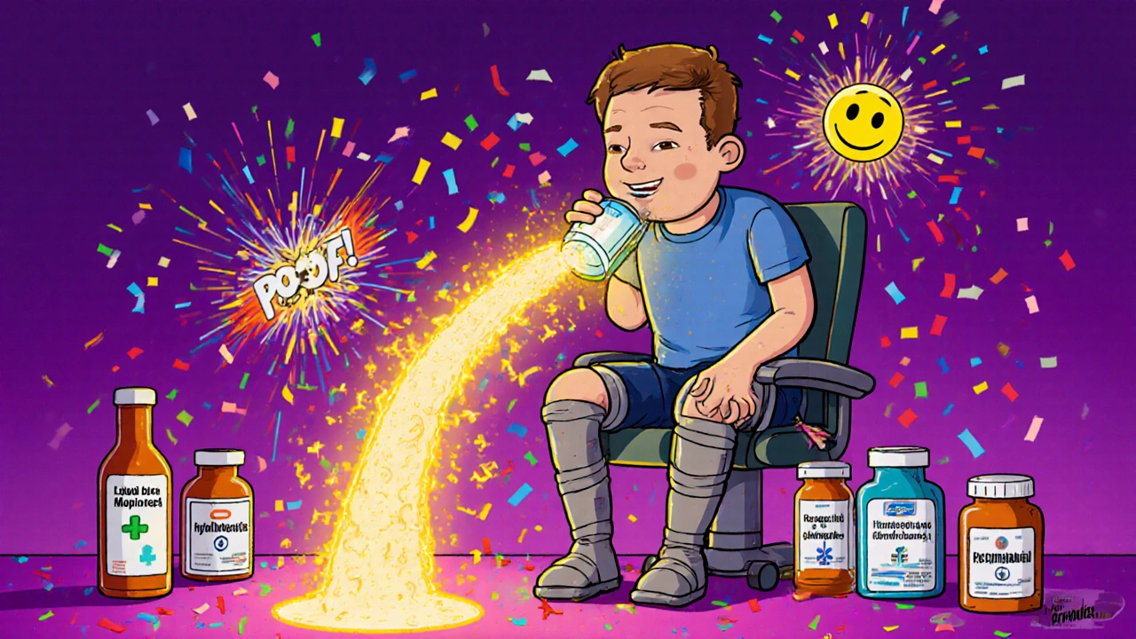 A patient rises slowly with glowing blood flow as medication bottles explode into confetti.