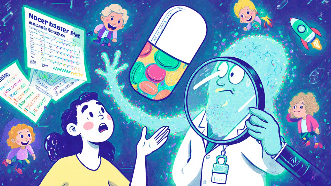 A patient watches their generic pill change colors while a rumor monster tries to scare them, as a doctor reveals identical molecules.