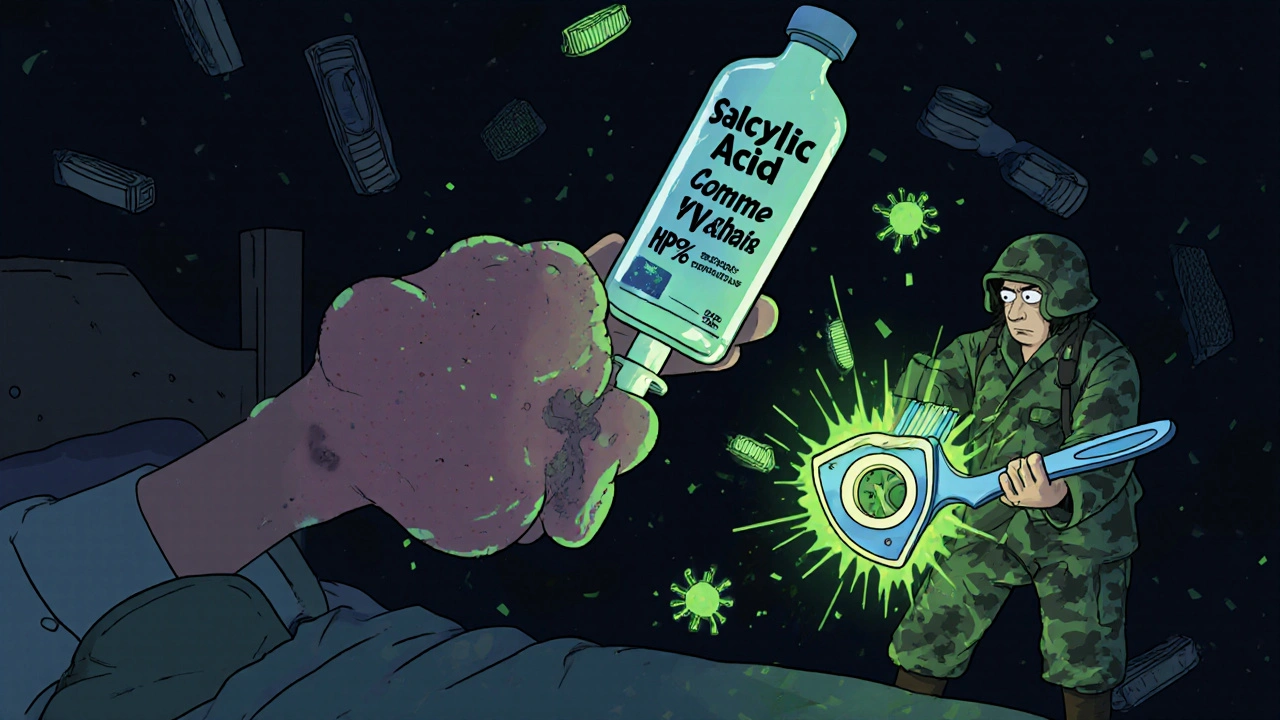 A person applying acid to a huge wart while immune system soldiers fight tiny viruses.