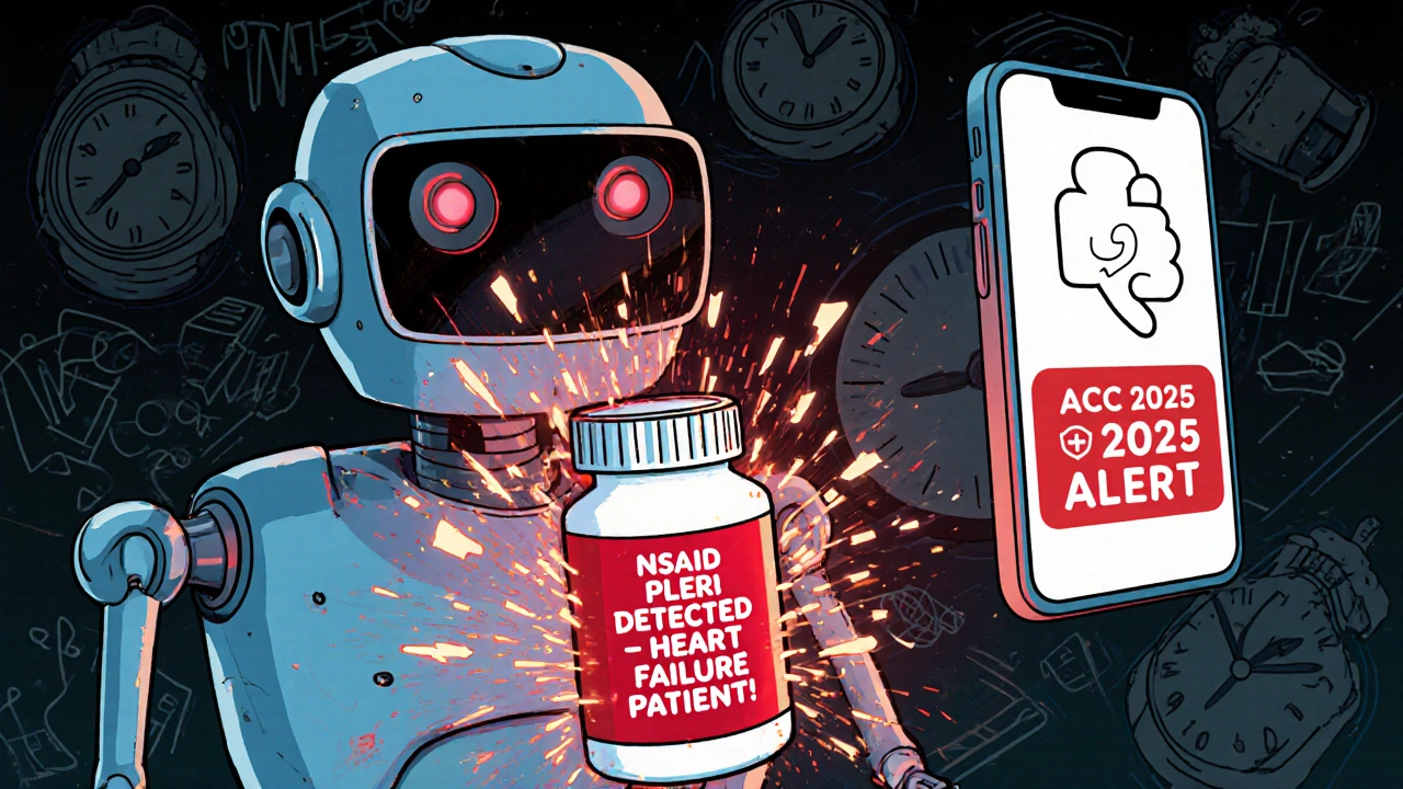 A pharmacy robot alerting a heart failure patient about a dangerous pill.