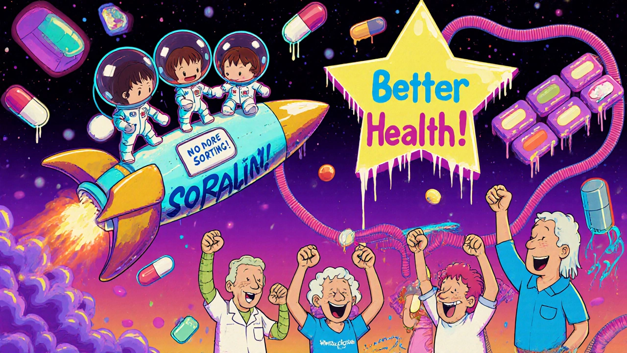 A polypill rocket launching from a medicine cabinet with seniors cheering below, representing future medication innovation.