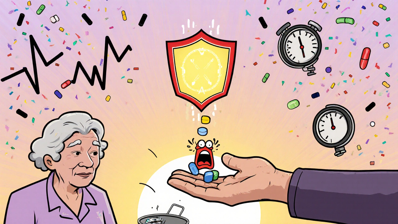 A single glowing combination pill rising above a senior’s hand as other pills fall into a trash can, symbolizing simplified medication.