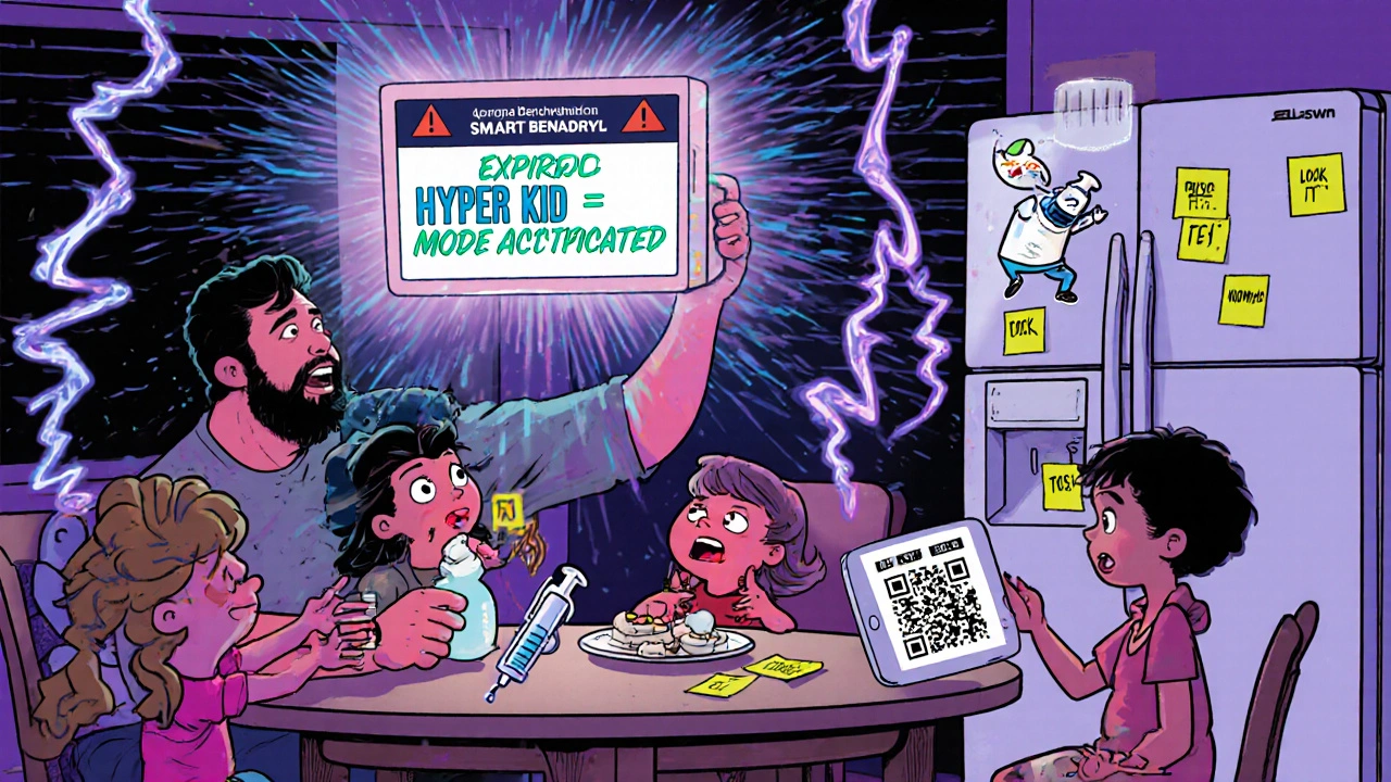A smart medicine cabinet projects a hologram warning about expired Benadryl while kids zoom around like hyperactive tornadoes.