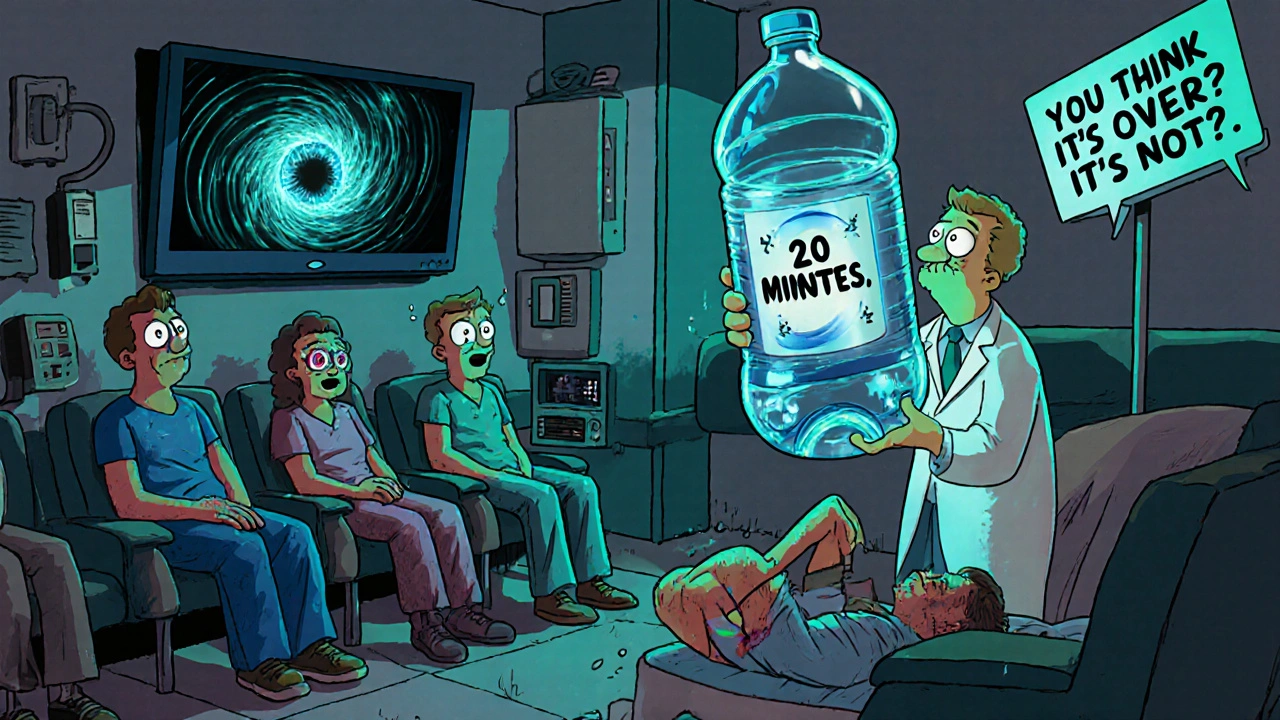 A surreal emergency room with patients showing internal eye damage, one being doused by a giant water bottle.