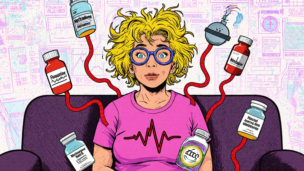 An elderly woman surrounded by warning medication bottles, her ECG spiking wildly with floating health risks.