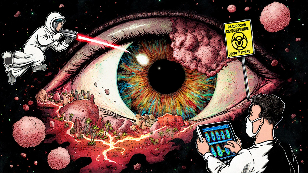 An eye landscape with doctors removing cholesterol plaques and monitoring OCT scan numbers.