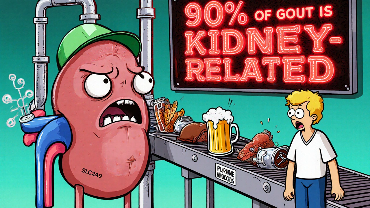 Anthropomorphic kidney factory recycling uric acid while purine foods pour in, with warning signs flashing.