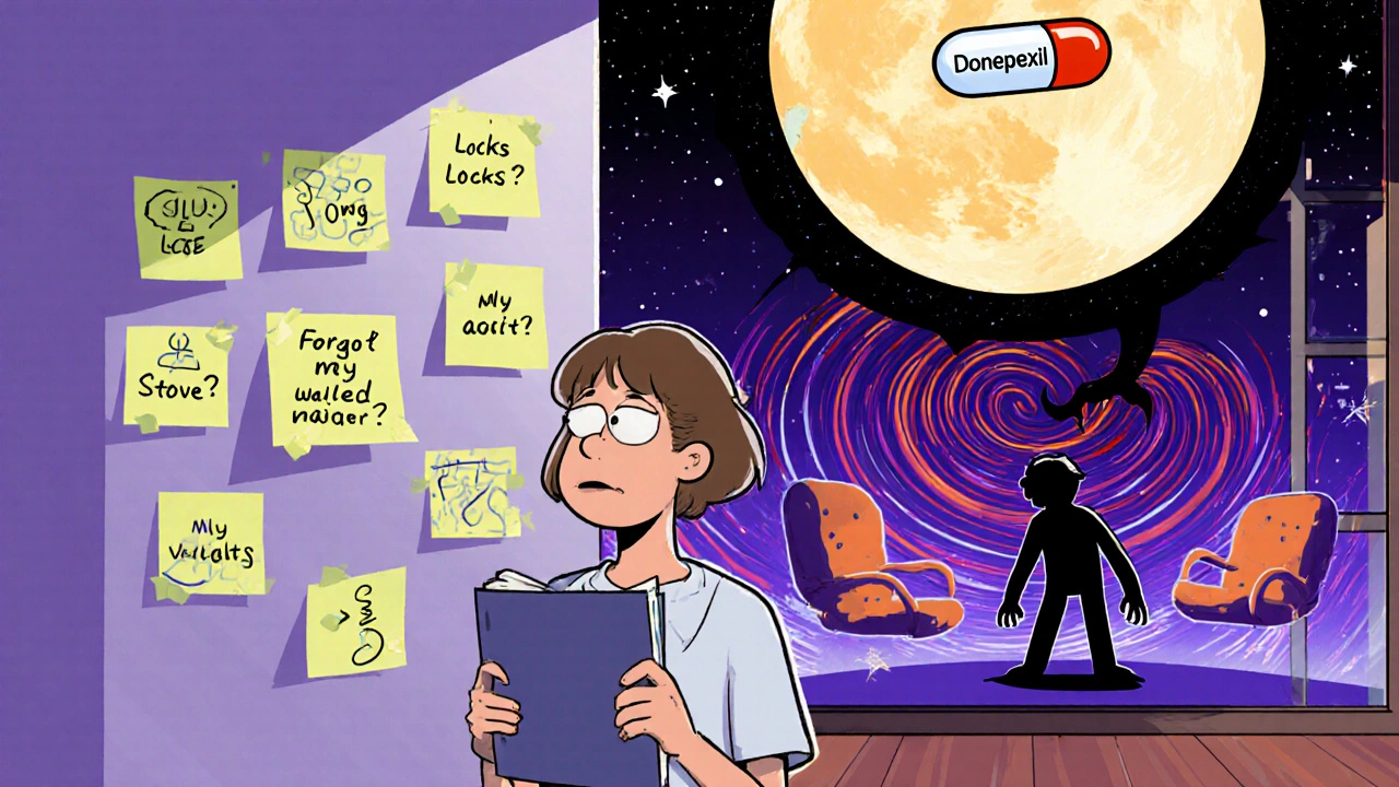 Caregiver with sticky notes of obsessive thoughts, giant menacing pill looming overhead.