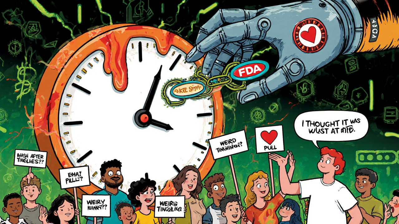 Diverse patients hold up symptoms as robotic regulators sort signals into warnings, restrictions, or recalls under a melting clock.