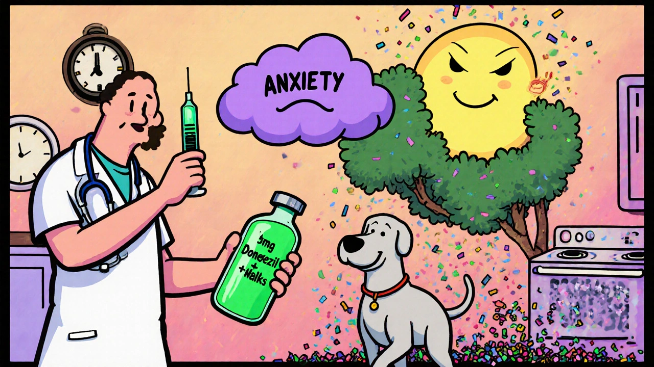 Doctor giving lower-dose medication as patient walks with sun-dog, anxiety cloud crumbling away.