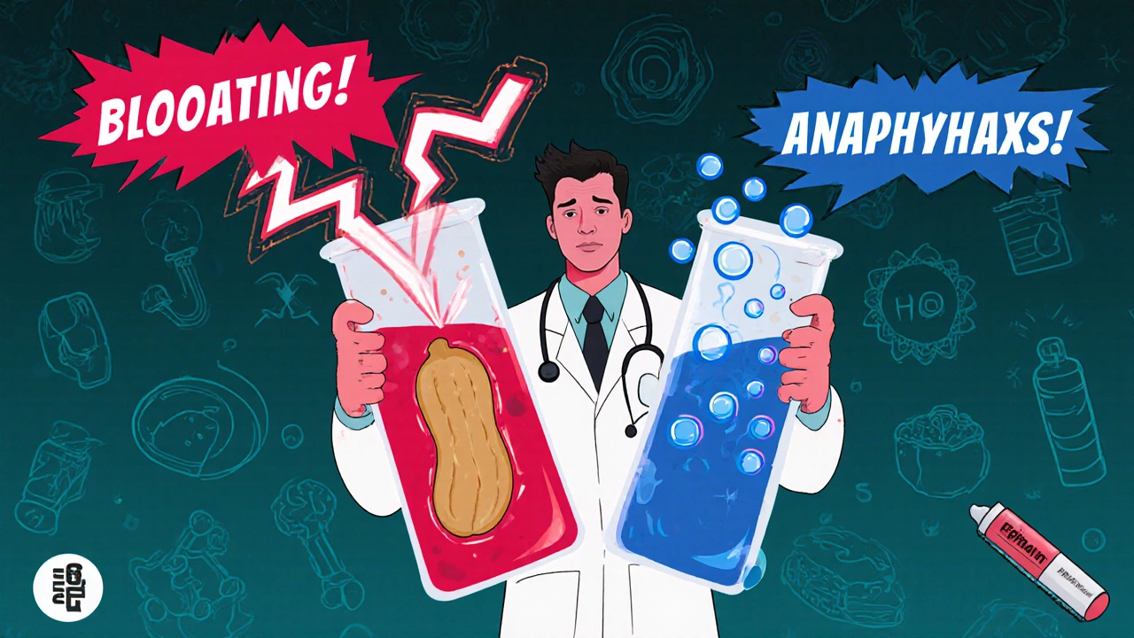 Doctor holding test tubes with IgE antibodies and hydrogen bubbles, food icons floating around.