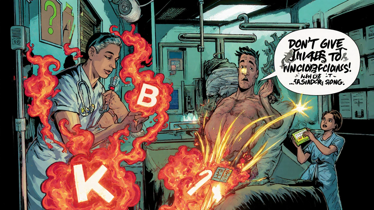 ER scene with IV insulin and glucagon treatments underway, ketones swirling like smoke, and a caregiver holding juice in confusion.