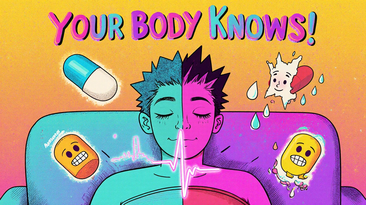 Patient&#039;s body split between steady and erratic health, floating pills with faces, psychedelic style.