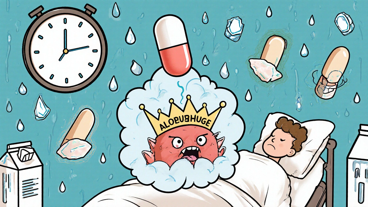 Patient dissolving a gout crystal monster with pills and milk droplets falling, clock showing 70% progress.