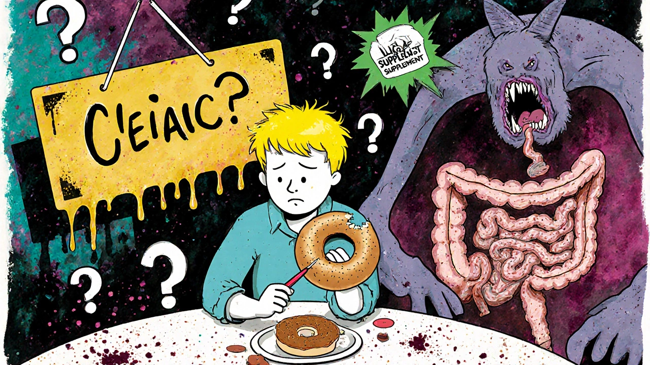 Person at dinner with giant &#039;Celiac?&#039; monster sign, biopsy needle showing damaged intestine.