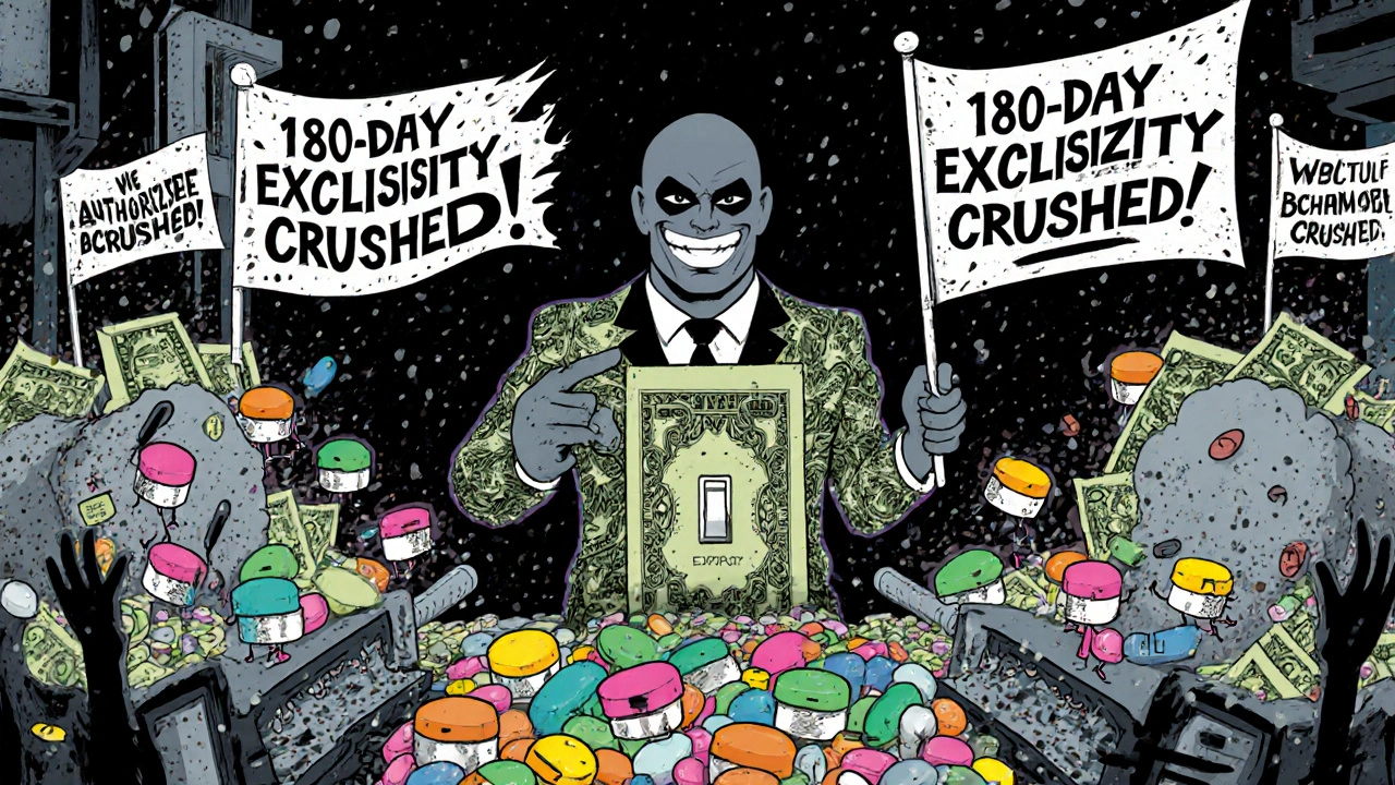 Pharmaceutical executive flipping a switch as two pill streams emerge from a factory, dollar bill suit.