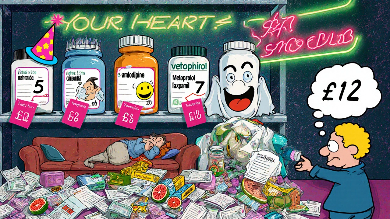 Pharmacy shelf with price-tagged pills: amlodipine partying, lisinopril sneezing, metoprolol napping, verapamil buried under laxatives and grapefruits.