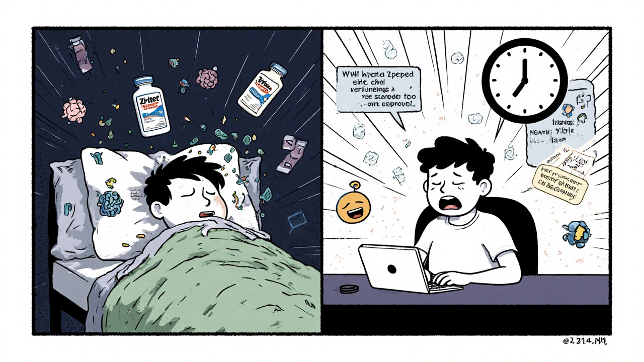 Split bedroom scene: one person snoring with Zyrtec, another alert with Xyzal, floating price tags and comments.