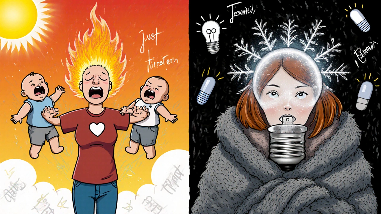 Split-screen of a new mom experiencing hyperthyroidism on one side and hypothyroidism on the other, with medical icons floating around her.