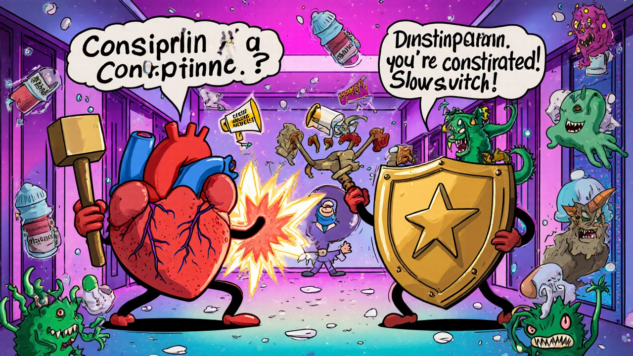 Two cartoon hearts in battle: verapamil hammer calming angina heart while amlodipine shield blocks blood pressure arrows.