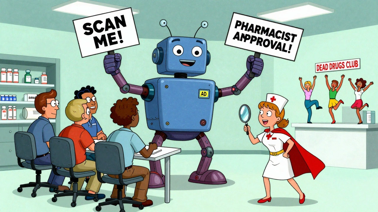 A cartoon ADC with arms holds safety signs while a nurse checks a barcode in a surreal team huddle.