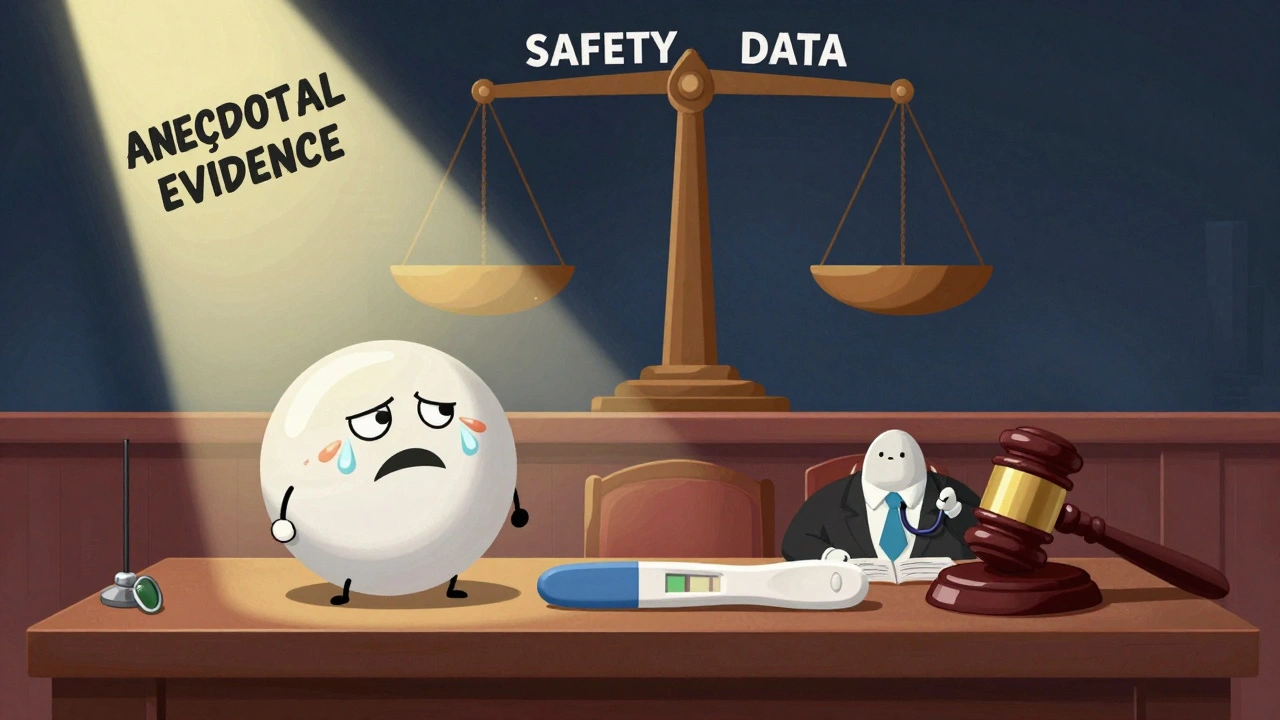 A cartoon courtroom where generic and brand-name pills are on trial, with a judge and a nervous excipient witness under a spotlight.