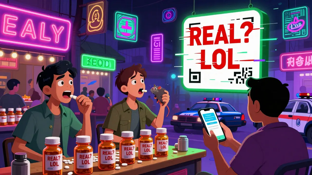 A chaotic market where people discover fake pills contain rats and glitchy verification codes.