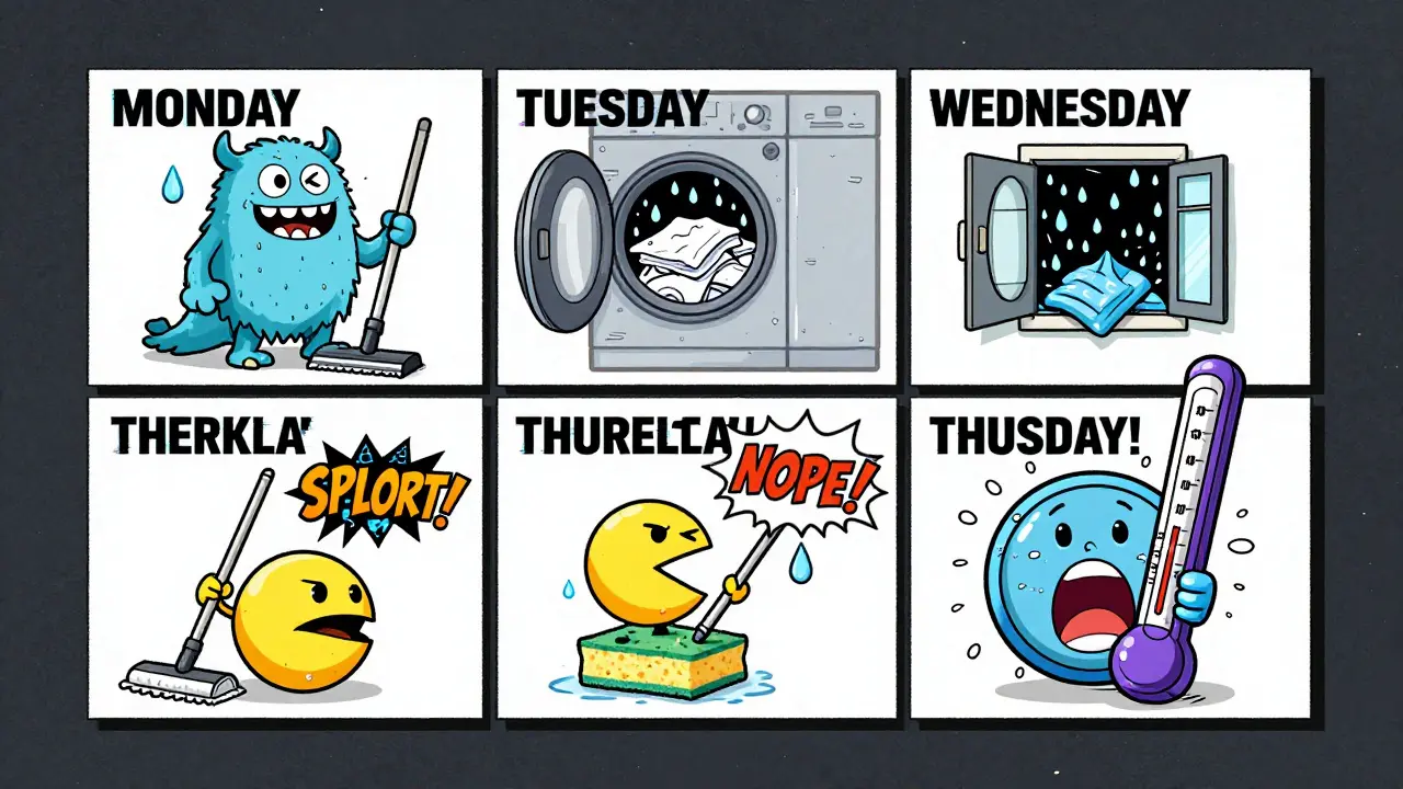 A comic-style weekly checklist with cartoon appliances and mites in a chaotic bedroom scene.