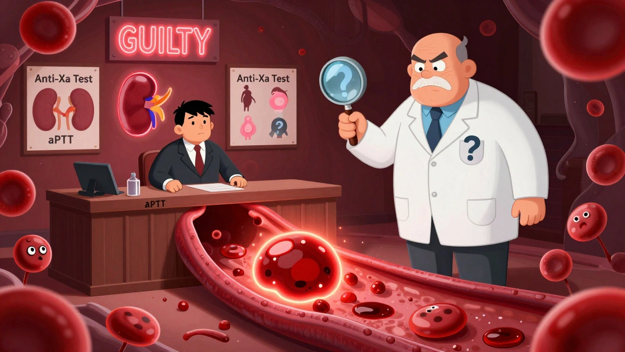 A courtroom inside a blood vessel where Anti-Xa Test defends against a clot, with aPTT lawyer losing the case.