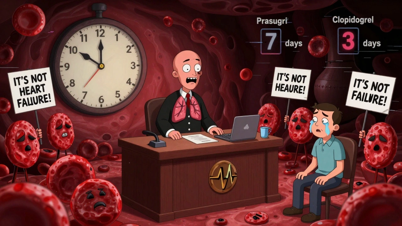 A courtroom inside a human body where ticagrelor is on trial for causing shortness of breath, judged by a pacemaker.