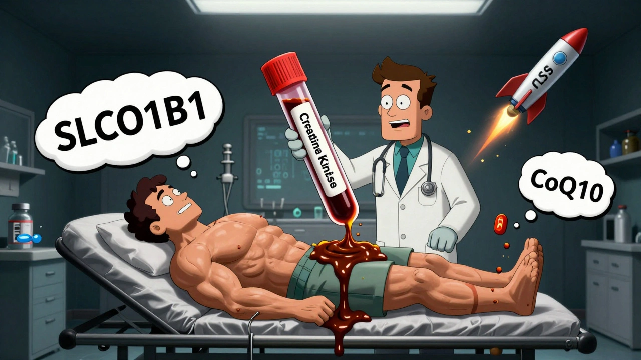 A doctor holds a blood test overflowing with brown sludge, while genetic code explodes and a PCSK9 injector flies away.