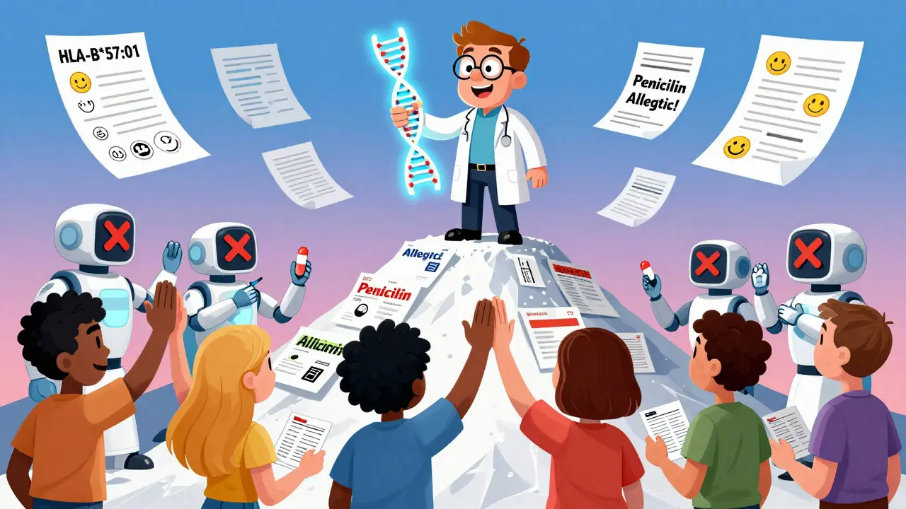 A doctor stands on a pile of discarded allergy labels as patients celebrate with prescriptions, while AI robots erase false warnings.