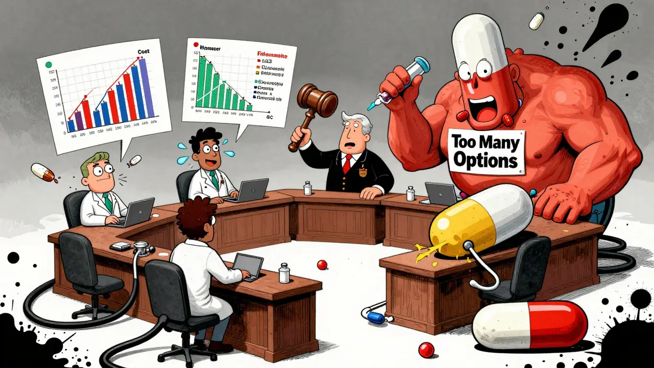 A floating courtroom where doctors debate drug costs using pill-shaped graphs and syringe gavels.