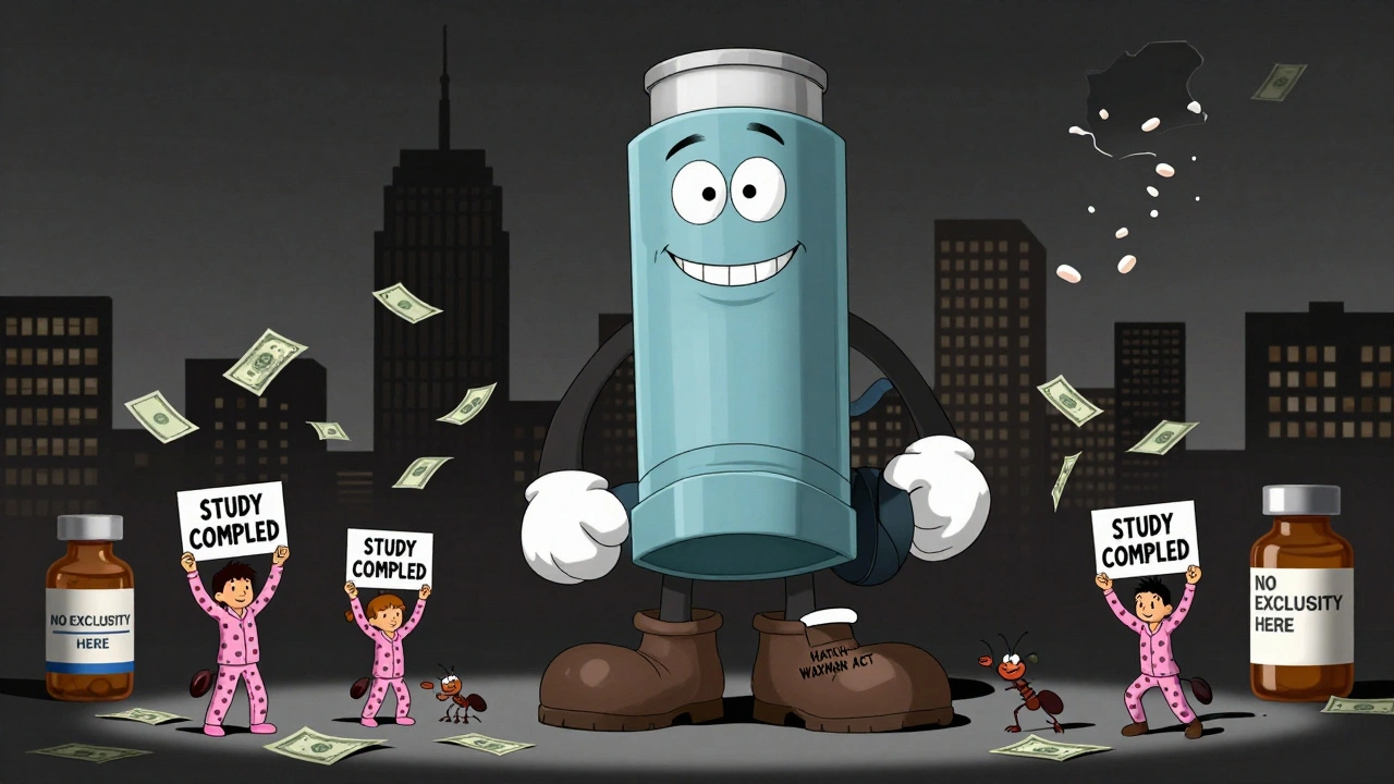 A giant albuterol inhaler casts a shadow over a city, blocking other drugs while money rains down.