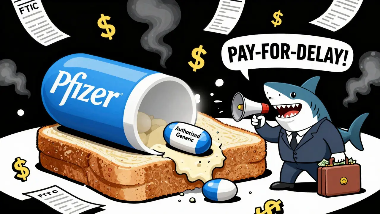 A giant branded pill is cut open to reveal the same pill inside, with a corporate shark and FTC agent nearby.