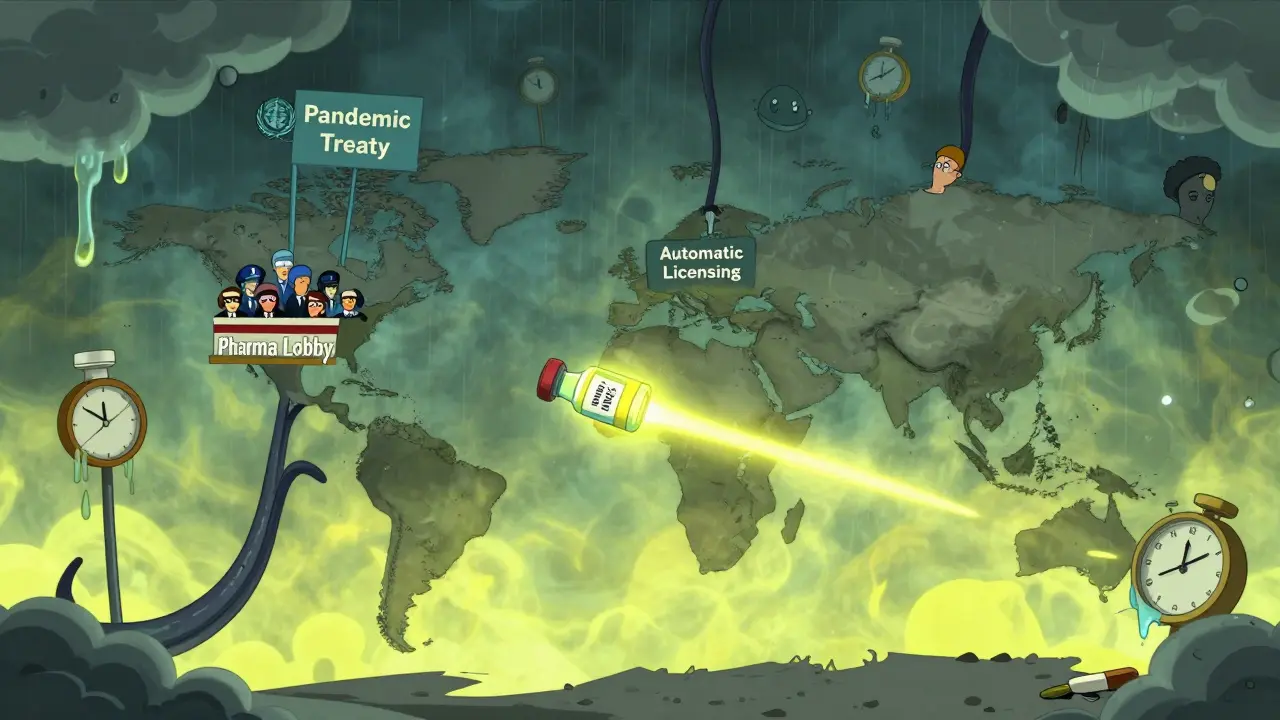 A global map of pill bottles erupting as a pandemic storm with WHO levers pulling licensing controls.